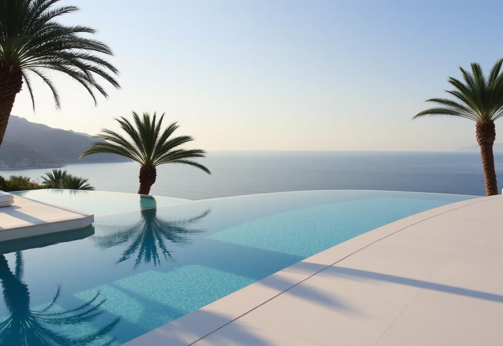 Mediterranean infinity saltwater pool at sunrise