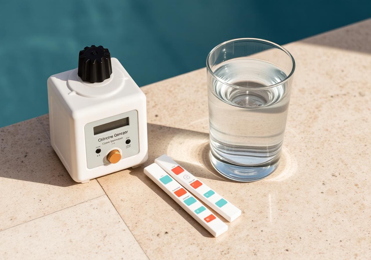 A salt chlorine generator and salinity test strips on stone